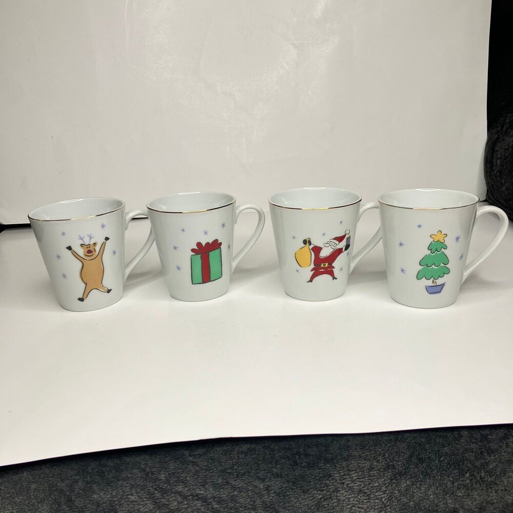 Merry Brite Merry Christmas Coffee Mugs Cups Set Of 4 Gold Rim Holiday Santa 8oz